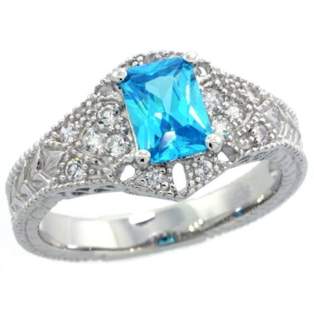 Vintage Blue Topaz CZ Emerald cut Engagement Ring